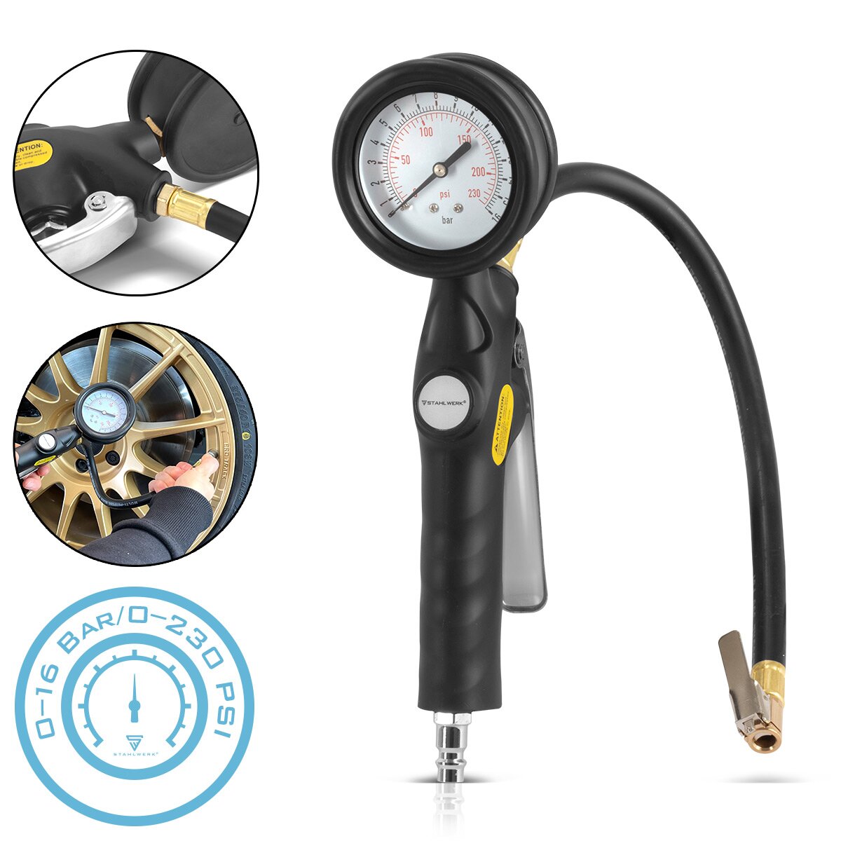 Pistolet de gonflage de pneus à air comprimé STAHLWERK DRA-162 ST | Gonfleur de pneus à air comprimé avec plage de mesure du manomètre | Manomètre de pression des pneus 2 en 1 pour voitures, camions, motos, vélos | Plage de mesure 0 à 16 bar/ 0 à 230 PSI