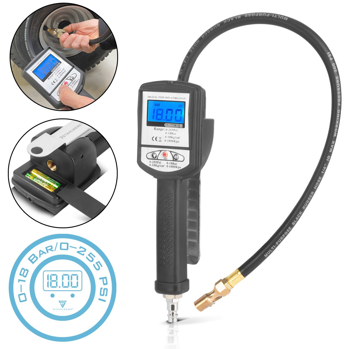 Pistola per gonfiaggio pneumatici digitale STAHLWERK DRP-18 ST | Gonfiatore per pneumatici ad aria compressa con manometro digitale | Manometro digitale per pneumatici per auto, camion, moto, biciclette | Campo di misura 0-18 Bar / 0-255 PSI