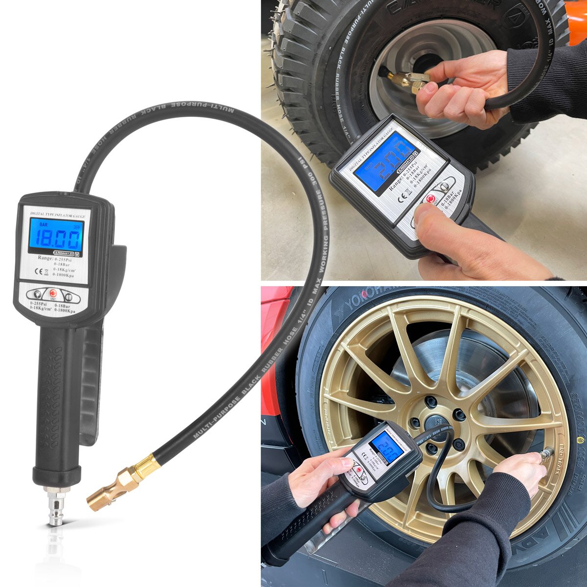 Pistola per gonfiaggio pneumatici digitale STAHLWERK DRP-18 ST | Gonfiatore per pneumatici ad aria compressa con manometro digitale | Manometro digitale per pneumatici per auto, camion, moto, biciclette | Campo di misura 0-18 Bar / 0-255 PSI