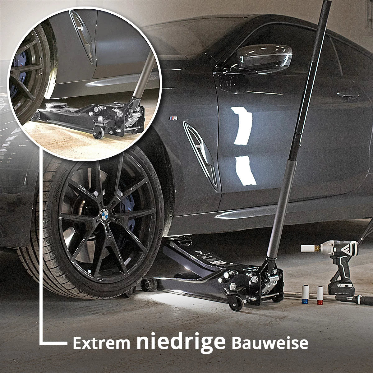 Set básico para cambio de neumáticos STAHLWERK con gato de maniobra extraplano de 3 t con rango de elevación de 75-510 mm, llave dinamométrica de 70-350 Nm y guantes de trabajo para cambiar neumáticos de vehículos