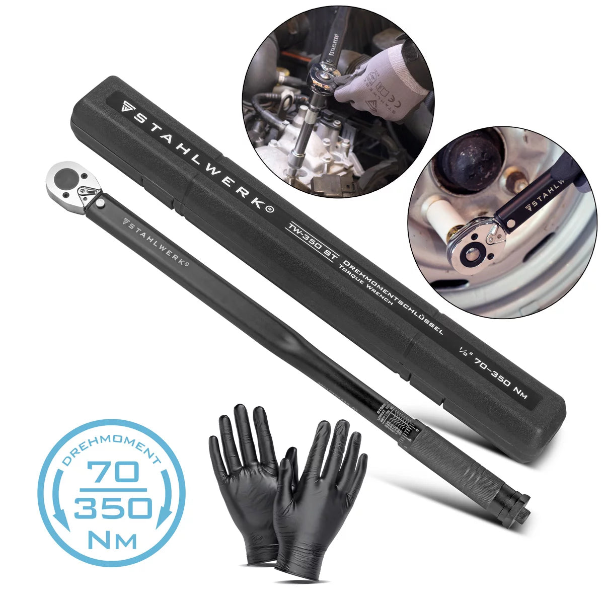 Set básico para cambio de neumáticos STAHLWERK con gato de maniobra extraplano de 3 t con rango de elevación de 75-510 mm, llave dinamométrica de 70-350 Nm y guantes de trabajo para cambiar neumáticos de vehículos