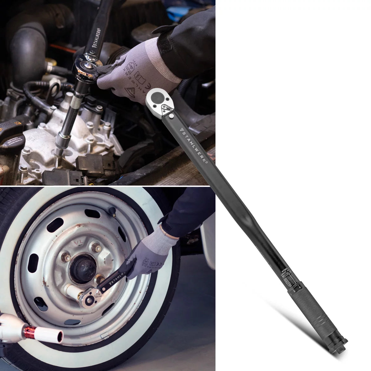 Set básico para cambio de neumáticos STAHLWERK con gato de maniobra extraplano de 3 t con rango de elevación de 75-510 mm, llave dinamométrica de 70-350 Nm y guantes de trabajo para cambiar neumáticos de vehículos