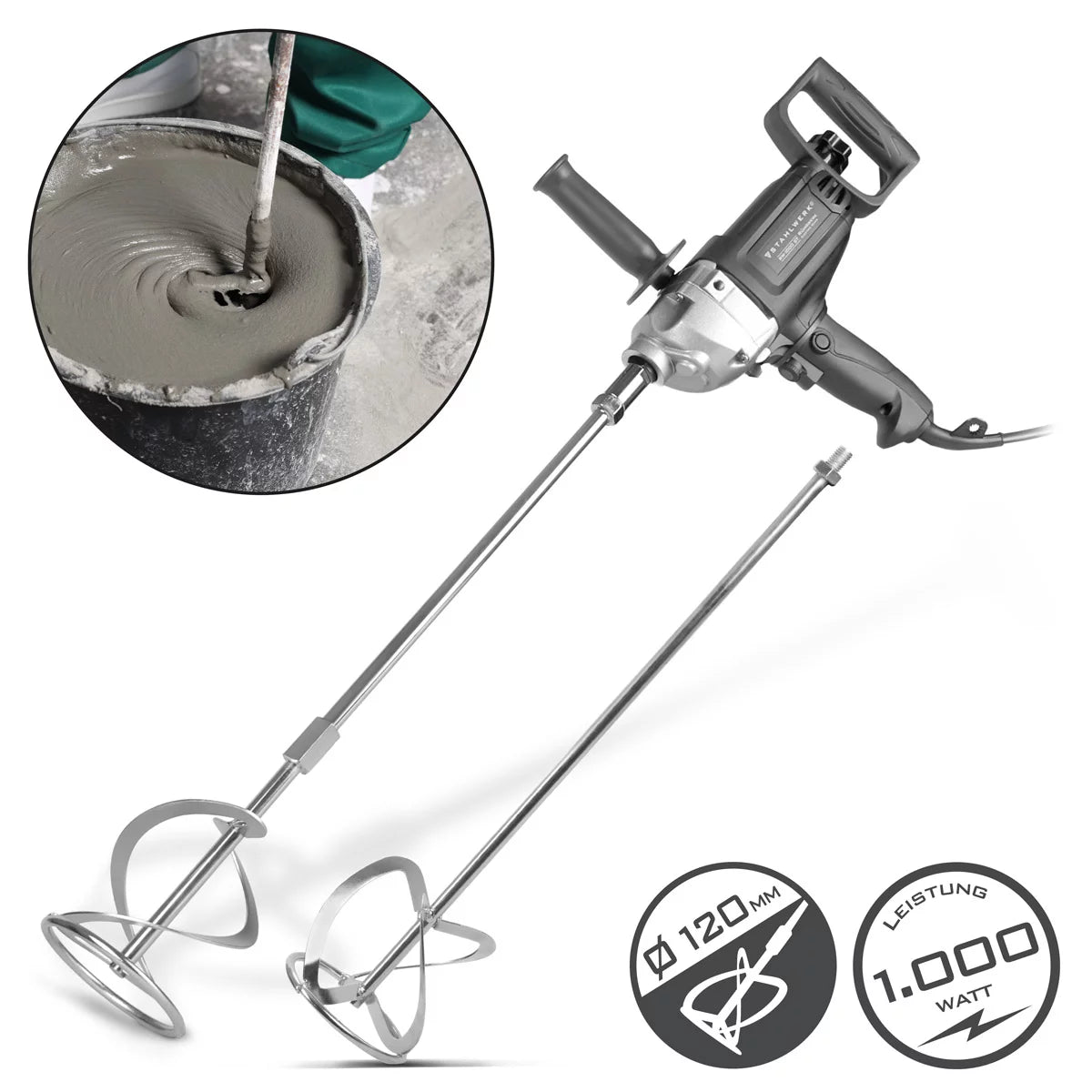 Agitateur STAHLWERK RW-1000 ST | 1 000 W et 550 tr/min | Agitateur à mortier électrique avec fouet supplémentaire 120 x 600 mm | Contrôle de vitesse et rotation droite-gauche | Bétonnière | Agitateur de peinture | mélangeur de couleurs
