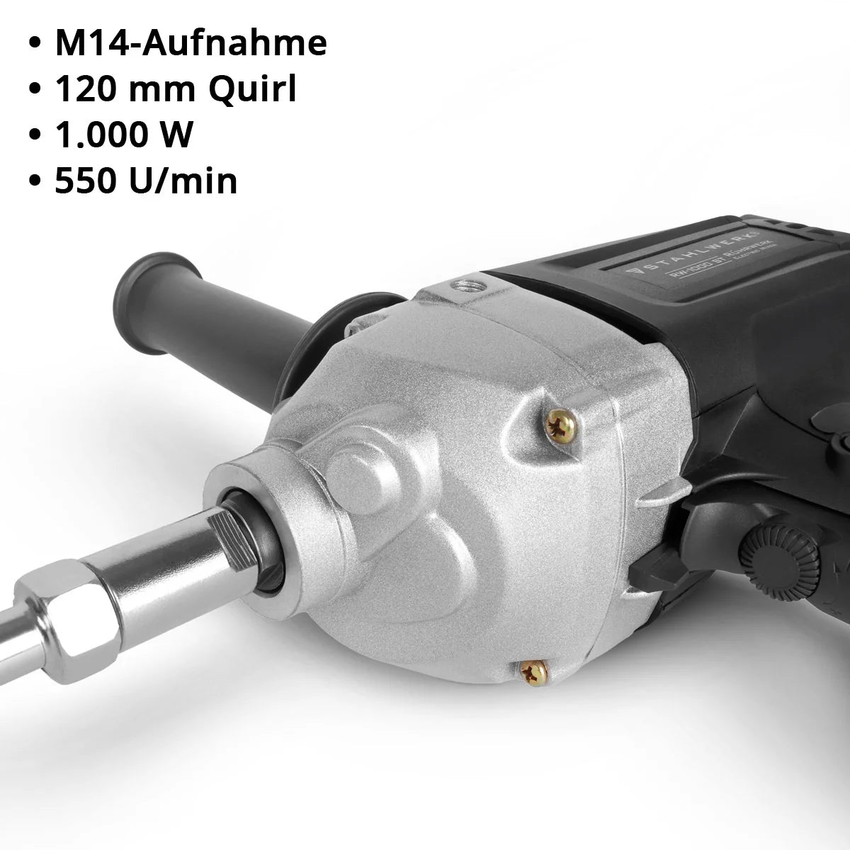 STAHLWERK Rührwerk RW-1000 ST | 1.000 W und 550 U/min | Elektrischer Mörtelrührer mit Zusatz-Quirl 120 x 600 mm | Drehzahlregelung und Rechts- Linkslauf | Betonrührer | Farbrührer | Farbmischer