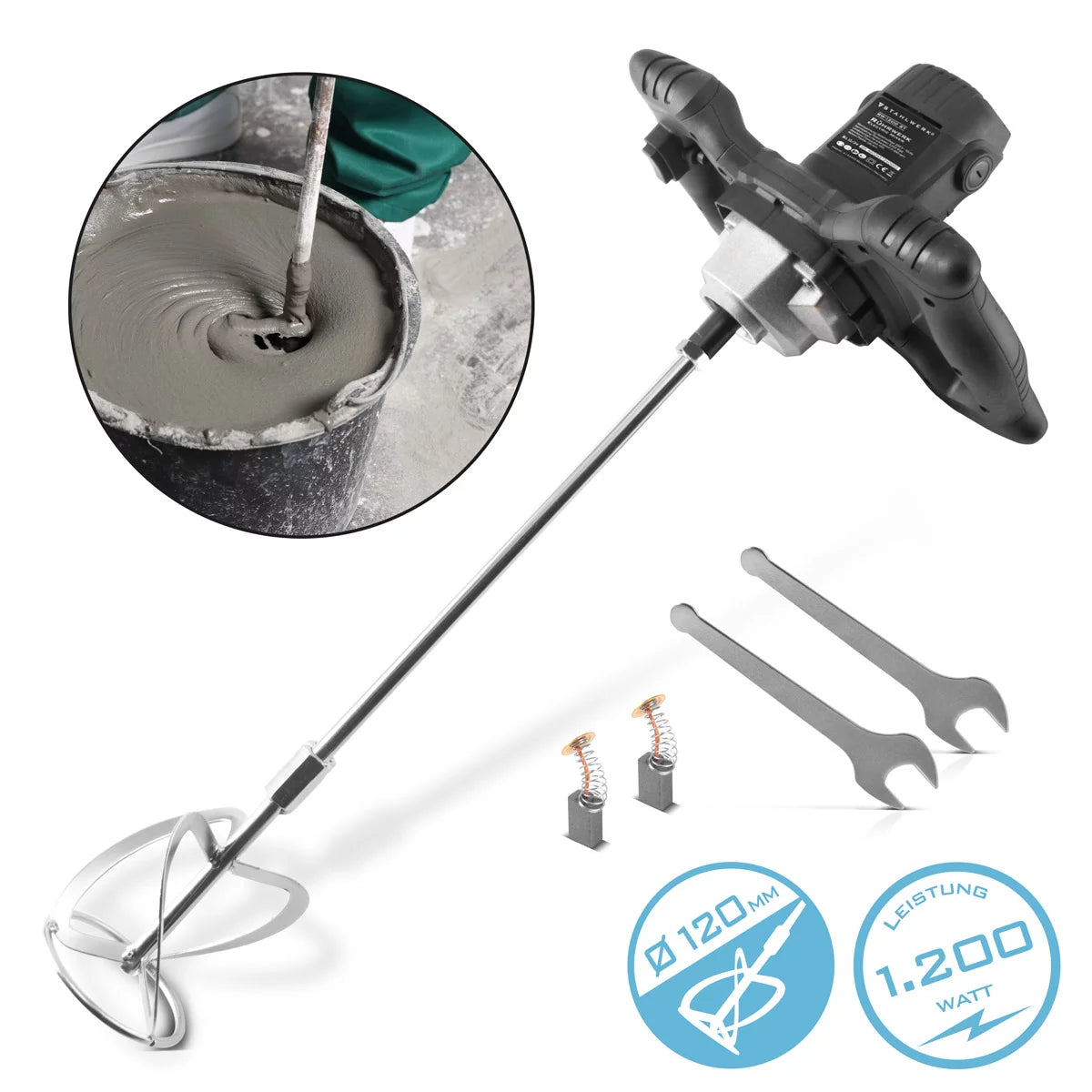 Agitateur STAHLWERK RW-1200 ST avec agitateur à mortier électrique de 1 200 W et 850 tr/min | Mélangeur à mortier | Bétonnière | Bétonnière | Agitateur de peinture | Mélangeur de couleurs | Batteur à main | Batteur à main | agitateur