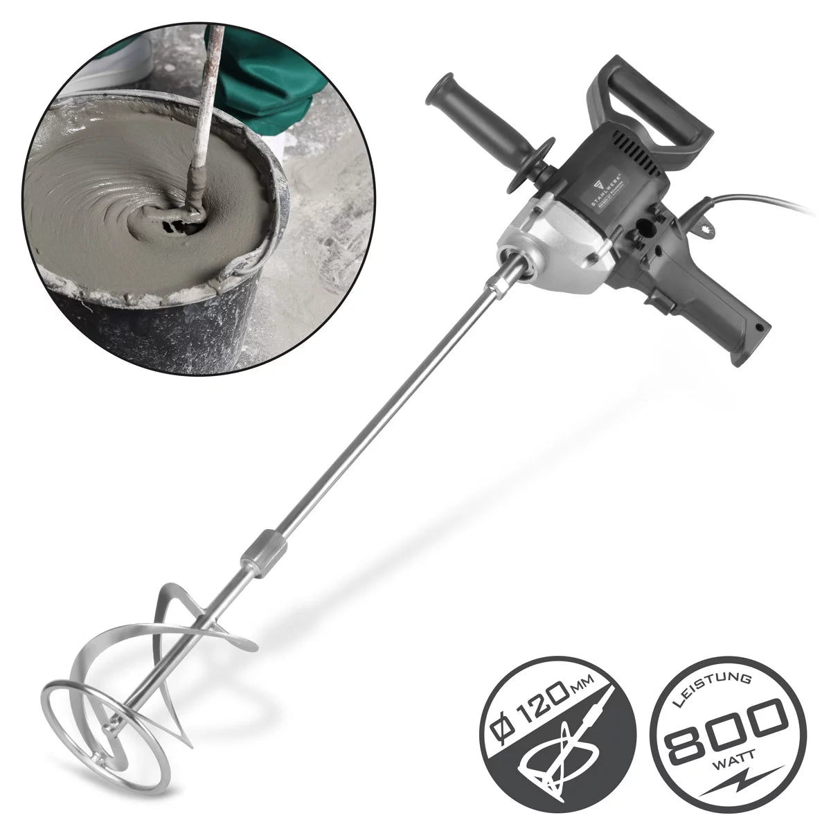 Agitateur STAHLWERK RW-800 ST | 800 W et 500 tr/min | Agitateur à mortier électrique | Conception robuste | Agitateur à béton stable | Agitateur de peinture | Mélangeur de couleurs | Batteur à main | Batteur à main