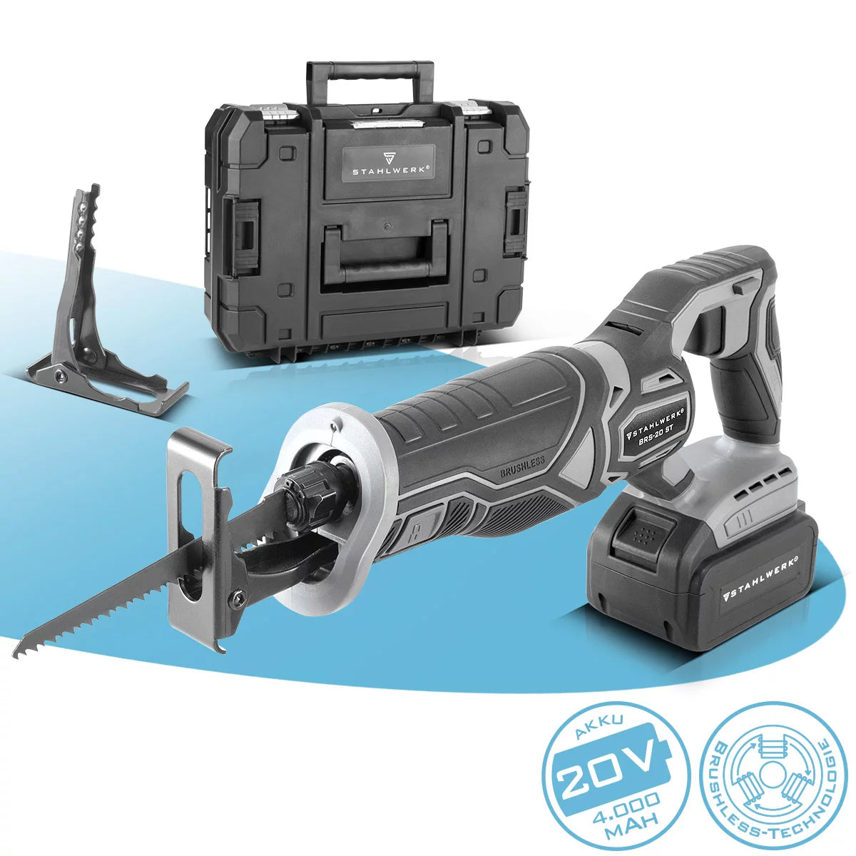 STAHLWERK Brushless Akku-Säbelsäge BRS-20 ST Reciprosäge / Stichsäge / Universalsäge mit 20 Volt, 4 Ah Li Ion Akku, Schnellspannfutter, 0-2600 U/min Leerlaufdrehzahl, 28 mm Hublänge