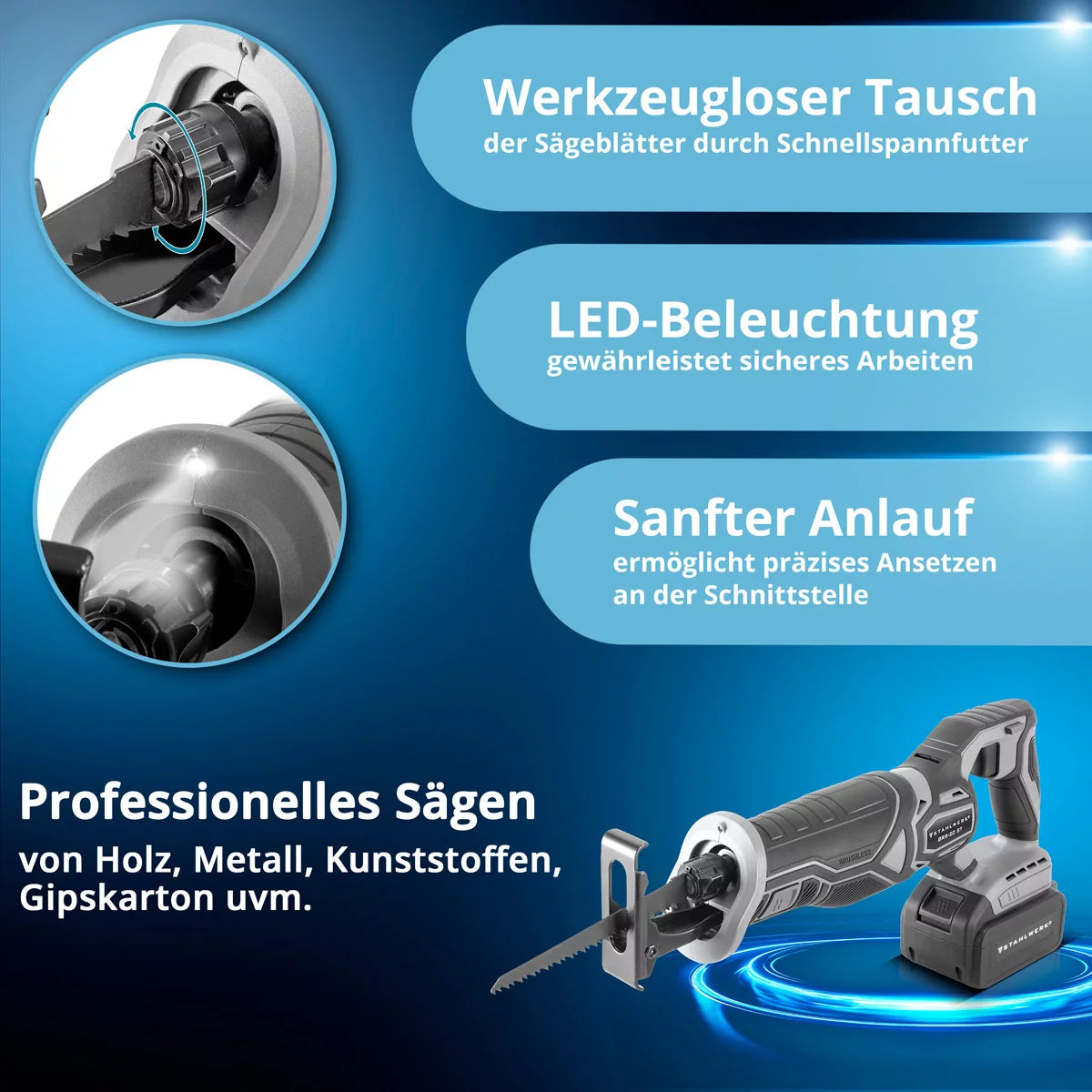 STAHLWERK Brushless Akku-Säbelsäge BRS-20 ST Reciprosäge / Stichsäge / Universalsäge mit 20 Volt, 4 Ah Li Ion Akku, Schnellspannfutter, 0-2600 U/min Leerlaufdrehzahl, 28 mm Hublänge