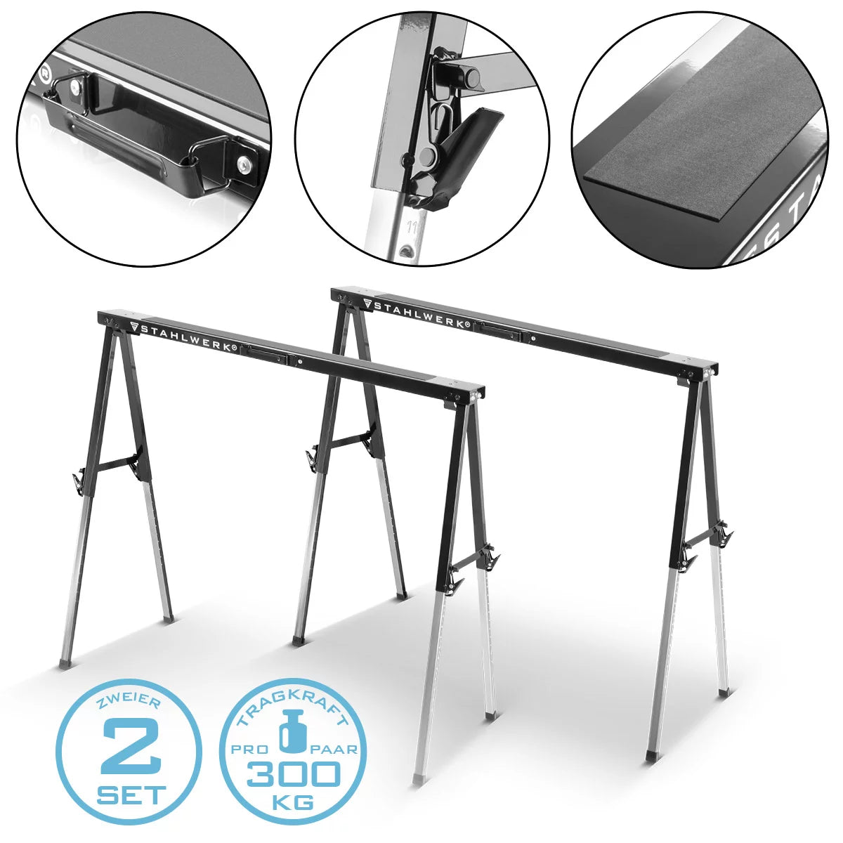 Sägebock SB-910 ST im 2er Set pulverbeschichteter Metall-Arbeitsbock | Universal-Klappbock | Gerüstbock höhenverstellbar von 645 - 910 mm mit 150 kg Tragkraft und rutschhemmender Oberfläche