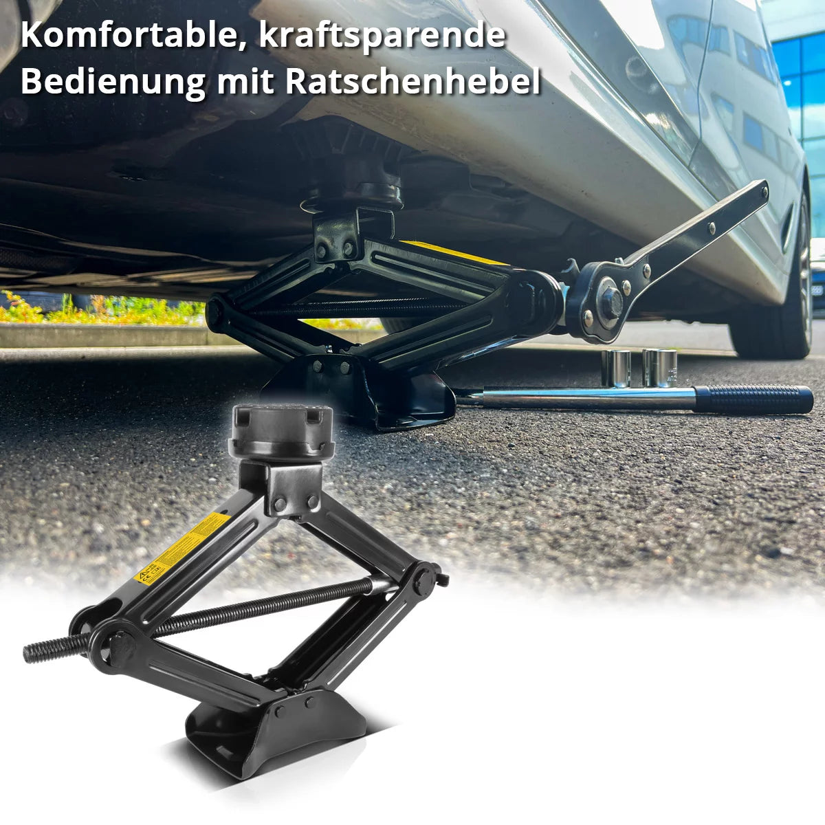 Gato para coche STAHLWERK SWH-2 ST | Gato de tijera | Capacidad de elevación de 2 toneladas | Llave para tuercas de rueda telescópica con vaso 17, 19 mm | Bolsa de transporte | Juego de gato compacto para cambio de neumáticos y taller.