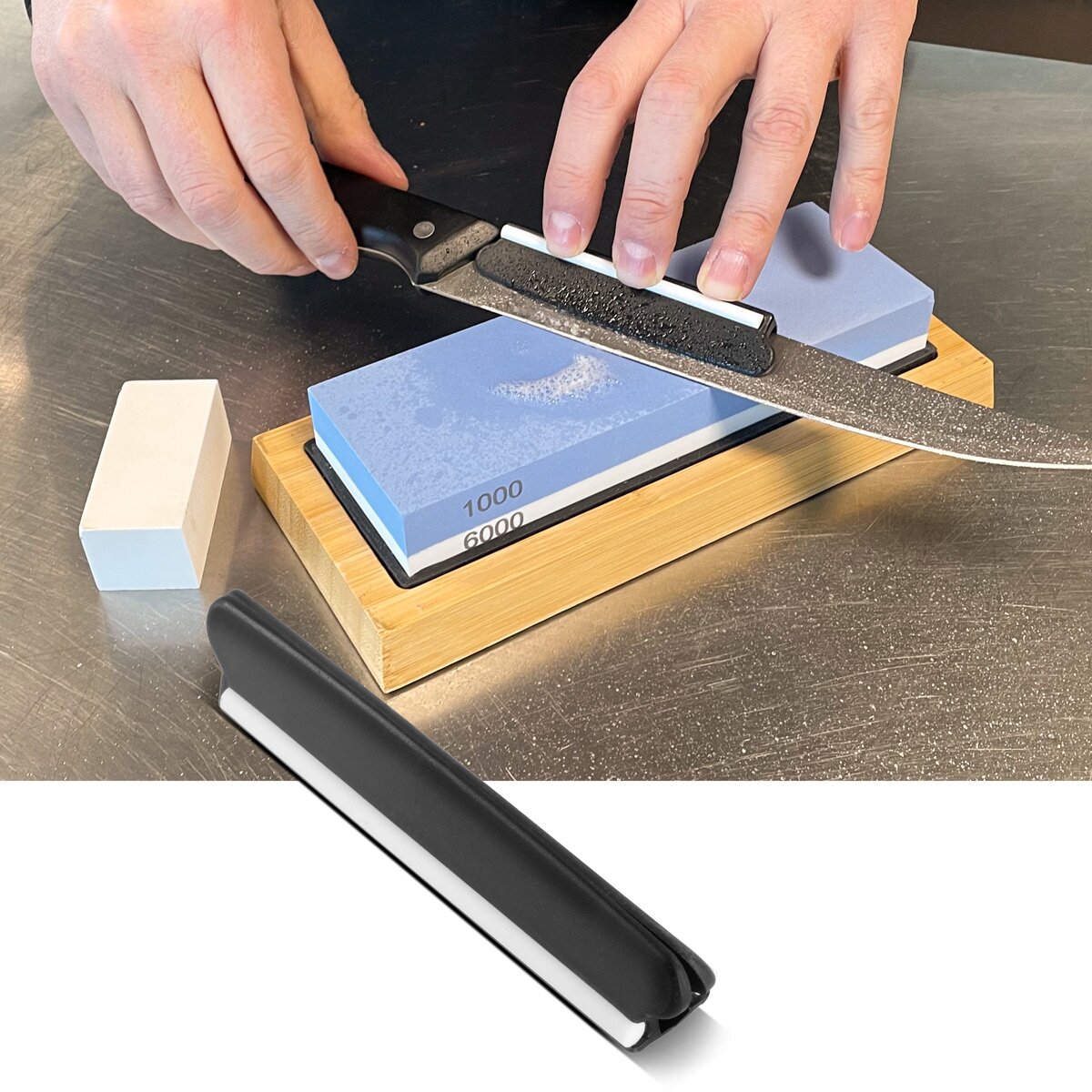 Set di mole STAHLWERK con 1000 | Pietra per affilare 2 in 1 a doppia faccia grana 6000 | pietra per affilare | pietra per affilare | Affilacoltelli con binario di guida e base antiscivolo