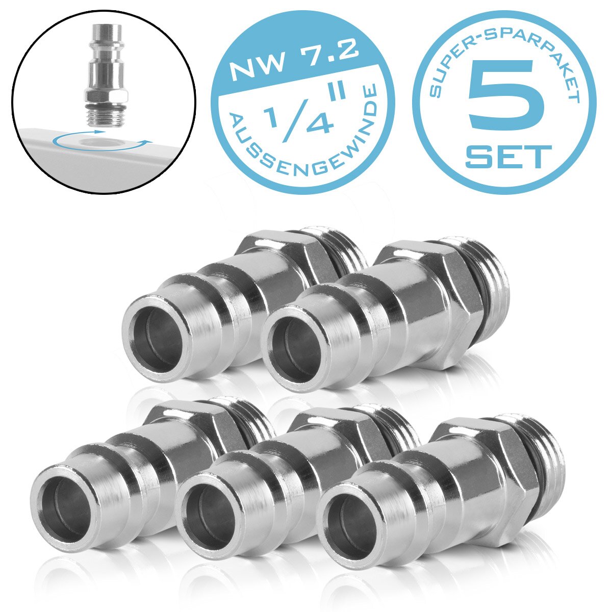 STAHLWERK 5er Set Druckluft-Schnellkupplung Stecknippel NW 7.2 mit 1/4 Zoll Außengewinde, Stecknippel | Kupplung | Stecker | Adapter | Zubehör für Druckluft-Kompressoren