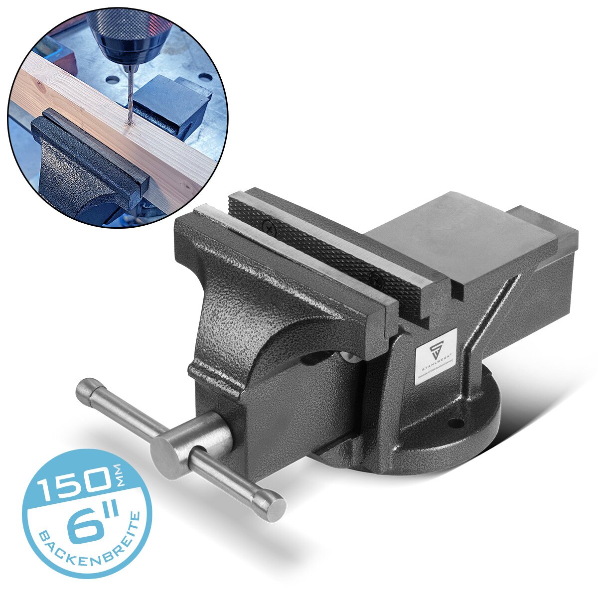 STAHLWERK vice BV-150 ST made of cast iron with 150 mm span, machine vice | Workbench vice | Clamping device | Parallel vice | Table vice with anvil