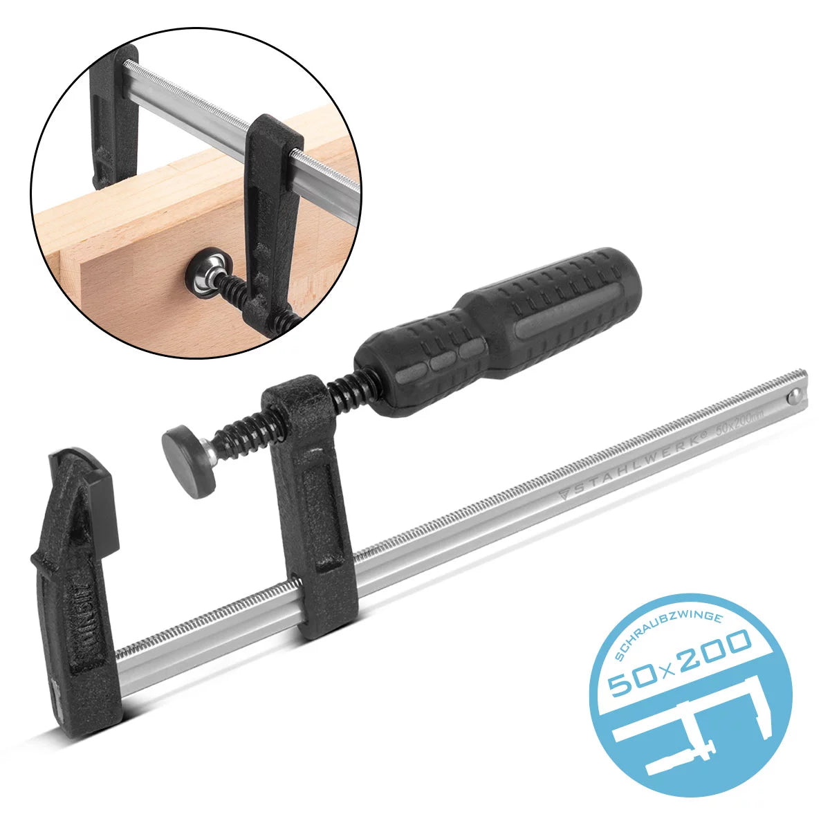 STAHLWERK screw clamp 50x200 mm | powerful clamp made of steel and plastic | F-clamp for fixing workpieces | stable clamp with a clamping width of 200 mm, clamping depth of 50 mm