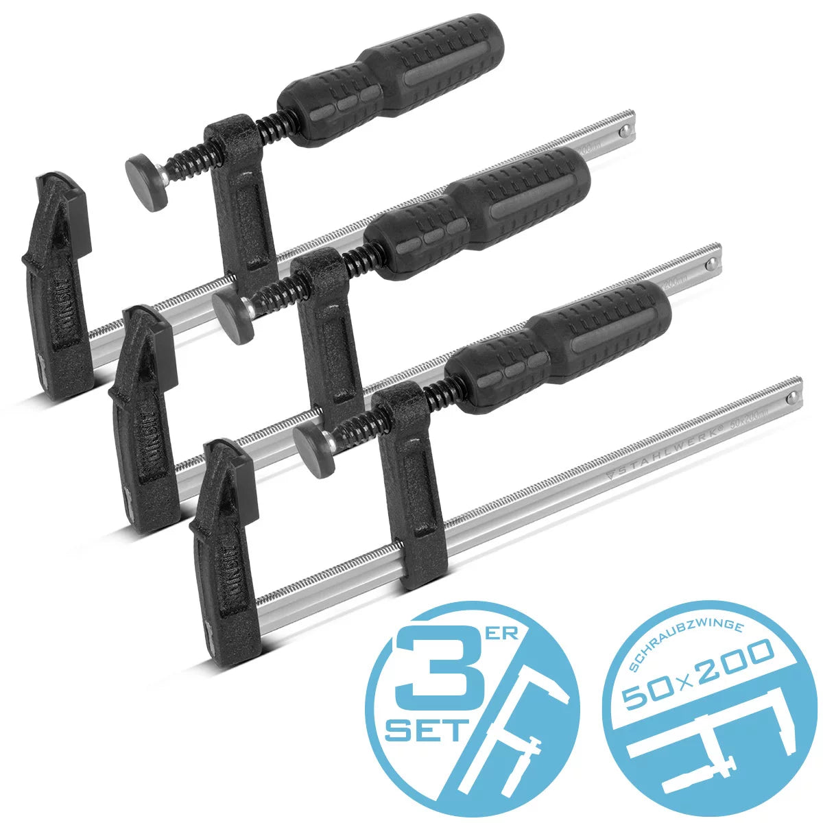 STAHLWERK 3 x screw clamps 50x200 mm | powerful clamp made of steel and plastic | F-clamp for fixing workpieces | stable clamp with a clamping width of 200 mm, clamping depth of 50 mm