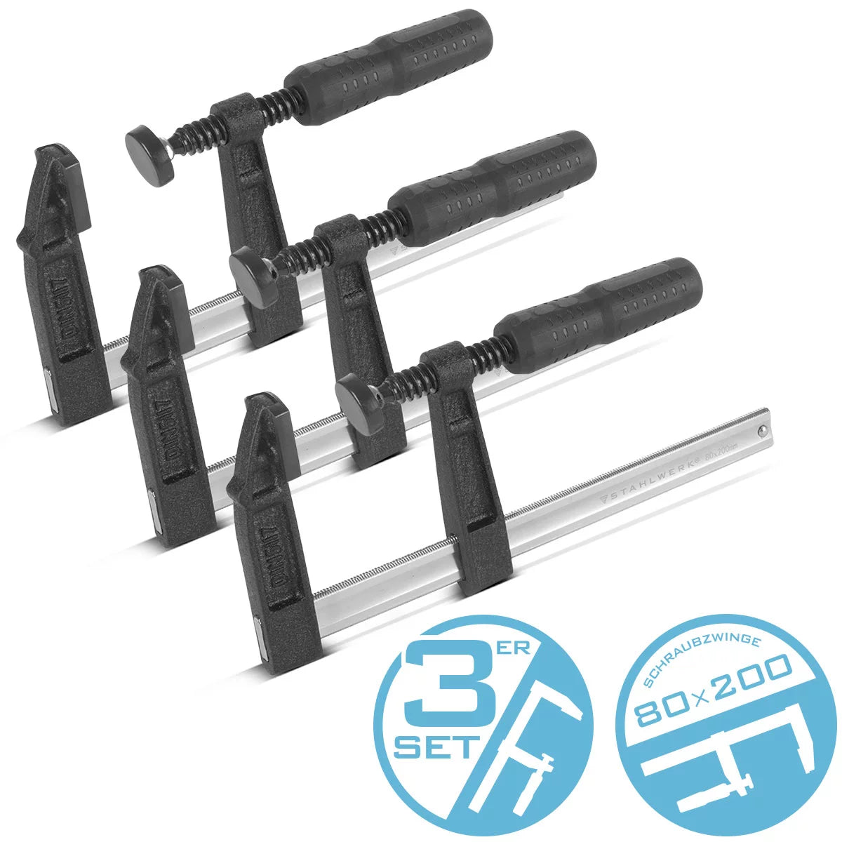 STAHLWERK 3 x screw clamps 80x200 mm | powerful clamp made of steel and plastic | F-clamp for fixing workpieces | stable clamp with a clamping width of 200 mm, clamping depth of 80 mm