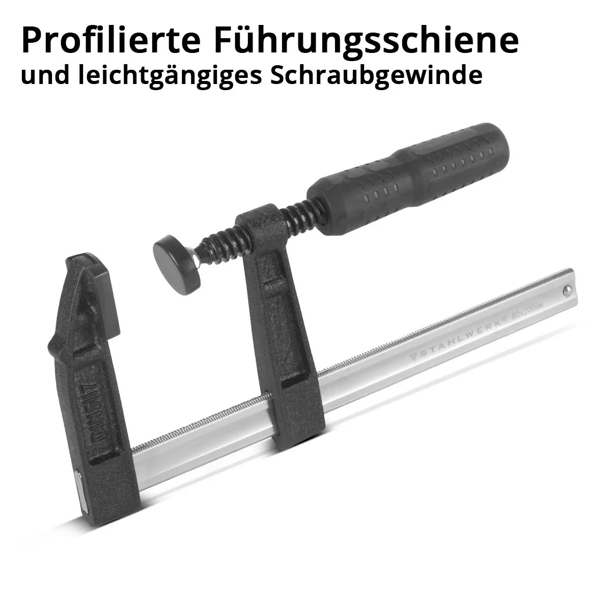 STAHLWERK screw clamp 80x200 mm | powerful clamp made of steel and plastic | F-clamp for fixing workpieces | stable clamp with a clamping width of 200 mm, clamping depth of 80 mm