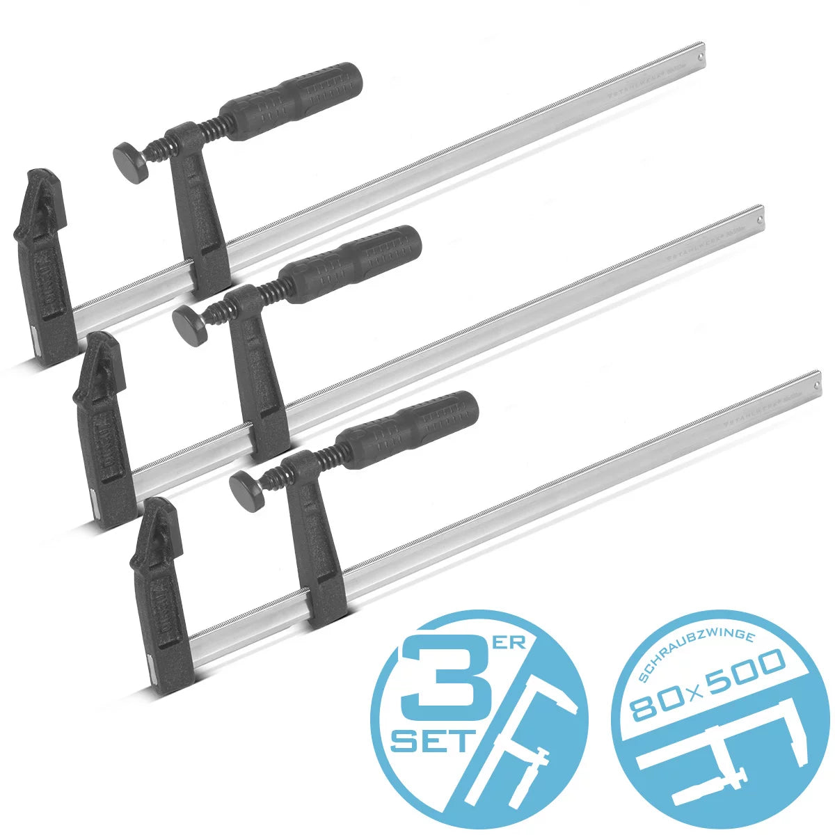 STAHLWERK 3 x screw clamps 80x500 mm | powerful clamp made of steel and plastic | F-clamp for fixing workpieces | stable clamp with a clamping width of 500 mm, clamping depth of 80 mm