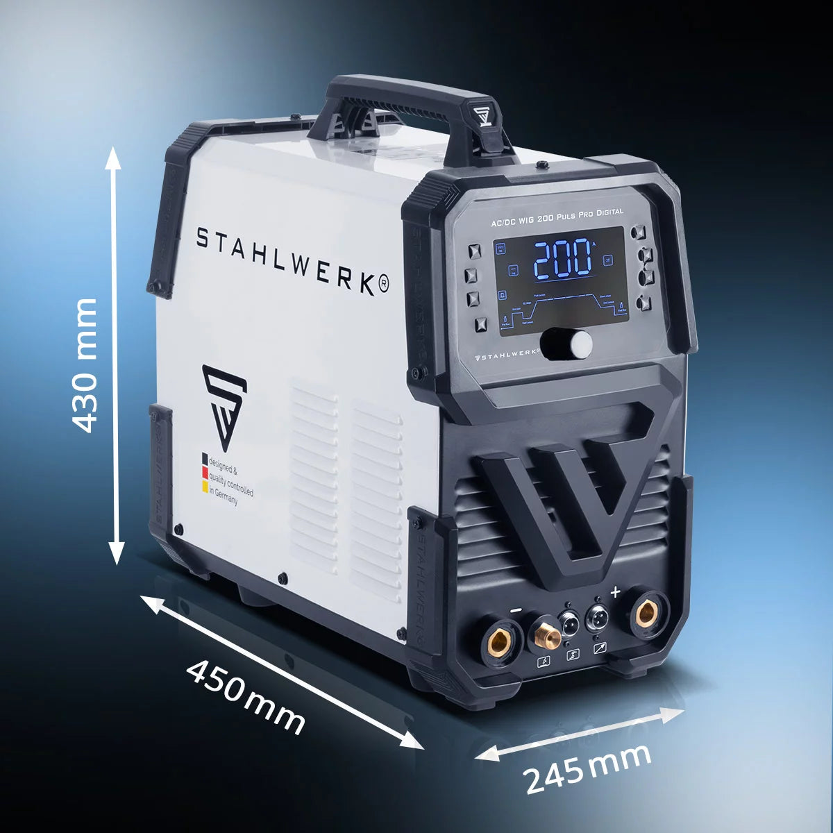 Soldadora STAHLWERK con gas protector AC/DC TIG 200 Puls Pro Digital | Inversor IGBT de 200 amperios, función ARC/MMA, memoria de trabajo, función de pulso y punto, apto para aluminio y chapa fina