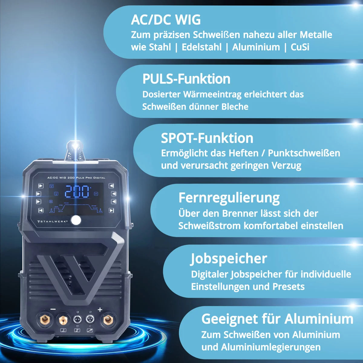 Soldadora STAHLWERK con gas protector AC/DC TIG 200 Puls Pro Digital | Inversor IGBT de 200 amperios, función ARC/MMA, memoria de trabajo, función de pulso y punto, apto para aluminio y chapa fina