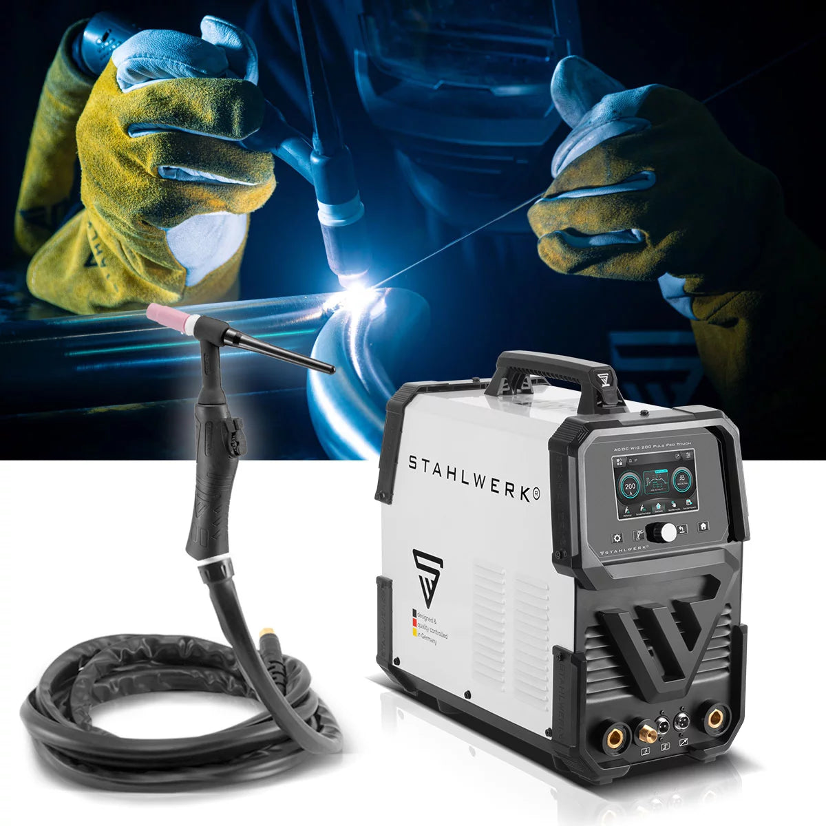 STAHLWERK inert gas welding machine AC/DC TIG 200 Puls Pro Touch fully equipped 200 amp IGBT inverter | ARC/MMA function | Job storage | Pulse and spot function suitable for aluminum and thin sheet metal