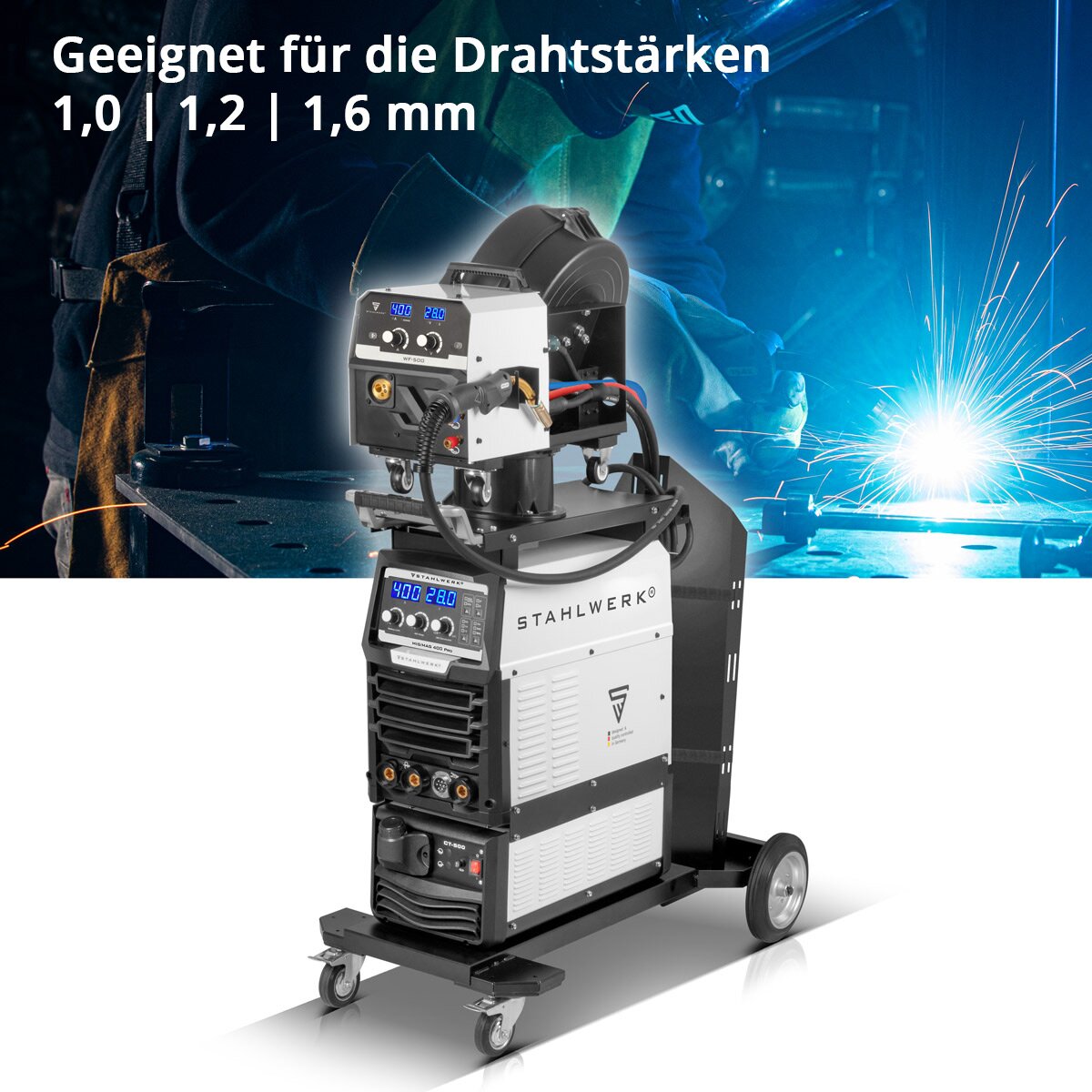 STAHLWERK welding machine MIG MAG 400 Pro fully equipped fully synergic, water-cooled IGBT inverter with 400 A and pulse function 3-in-1 combination welding system MIG MAG | MMA | Lift TIG