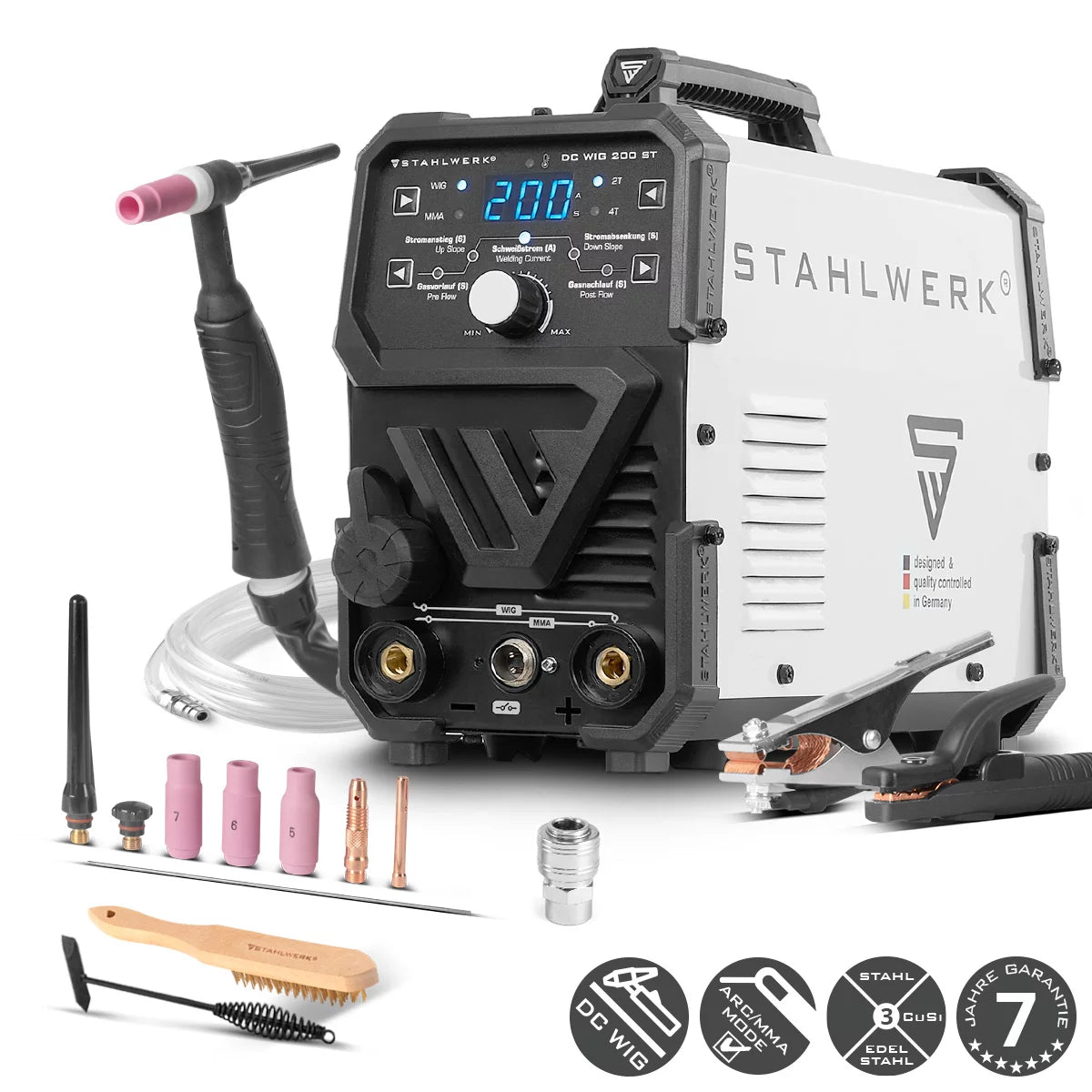 STAHLWERK DC TIG 200 ST | 2-in-1 combination welder | TIG MMA | 200 amps | HF ignition, hot start, anti-stick | For steel, stainless steel, copper, brass | Not suitable for aluminum