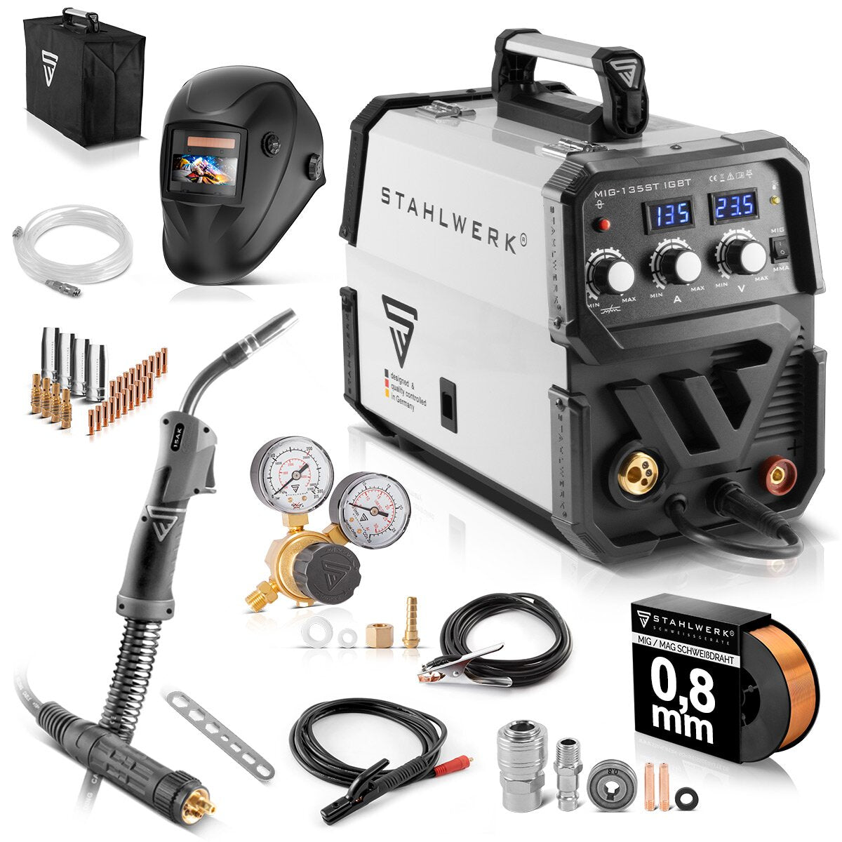 Saldatrice STAHLWERK MIG MAG 135 ST IGBT completamente attrezzata / saldatrice a gas inerte con alimentazione filo sinergica e 135 A reali / saldatrice combinata