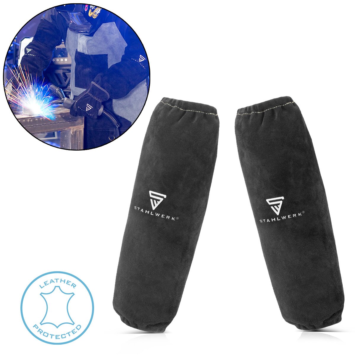 Manguitos de soldadura STAHLWERK | Guanteletes de soldador | Fundas protectoras para soldadura | Protección del brazo de soldadura | Ropa de protección para soldadura con cintura elástica de cuero serraje de alta calidad para soldadura y corte por plasma