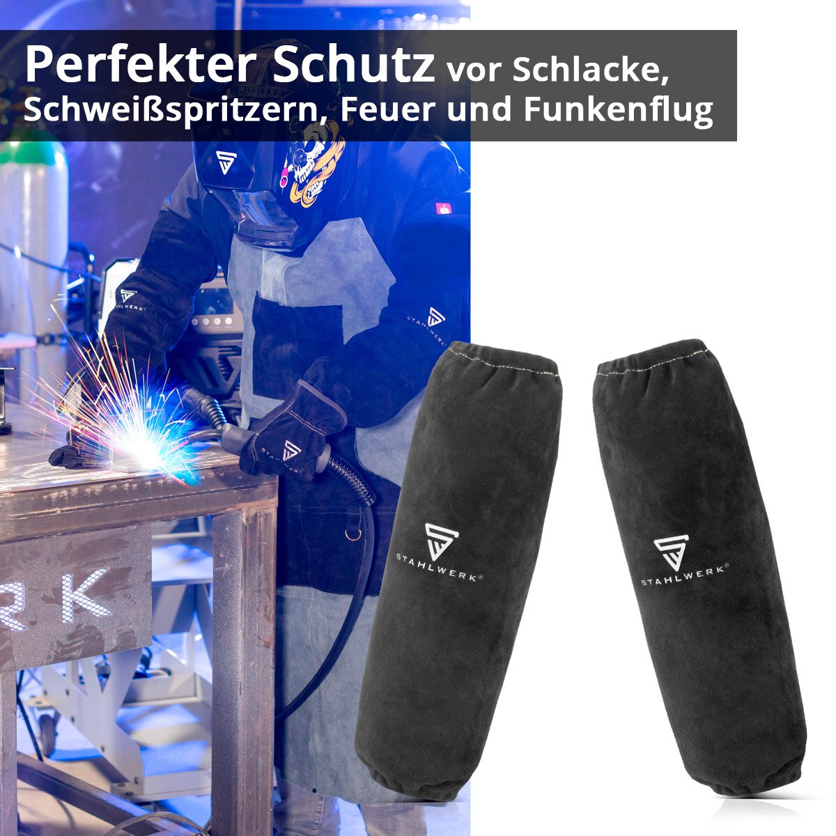 Manguitos de soldadura STAHLWERK | Guanteletes de soldador | Fundas protectoras para soldadura | Protección del brazo de soldadura | Ropa de protección para soldadura con cintura elástica de cuero serraje de alta calidad para soldadura y corte por plasma