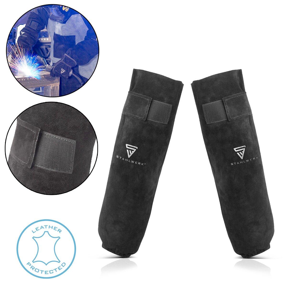 STAHLWERK welding sleeves | Welder's gauntlets | Welding protective sleeves | Welding arm protection | Welding protective clothing with Velcro fastener made of high-quality split leather for welding and plasma cutting