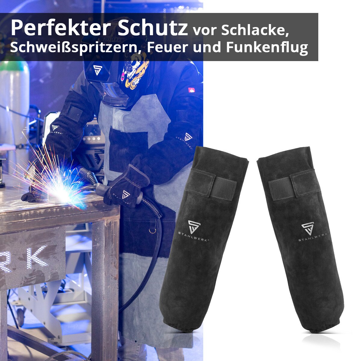 STAHLWERK welding sleeves | Welder's gauntlets | Welding protective sleeves | Welding arm protection | Welding protective clothing with Velcro fastener made of high-quality split leather for welding and plasma cutting