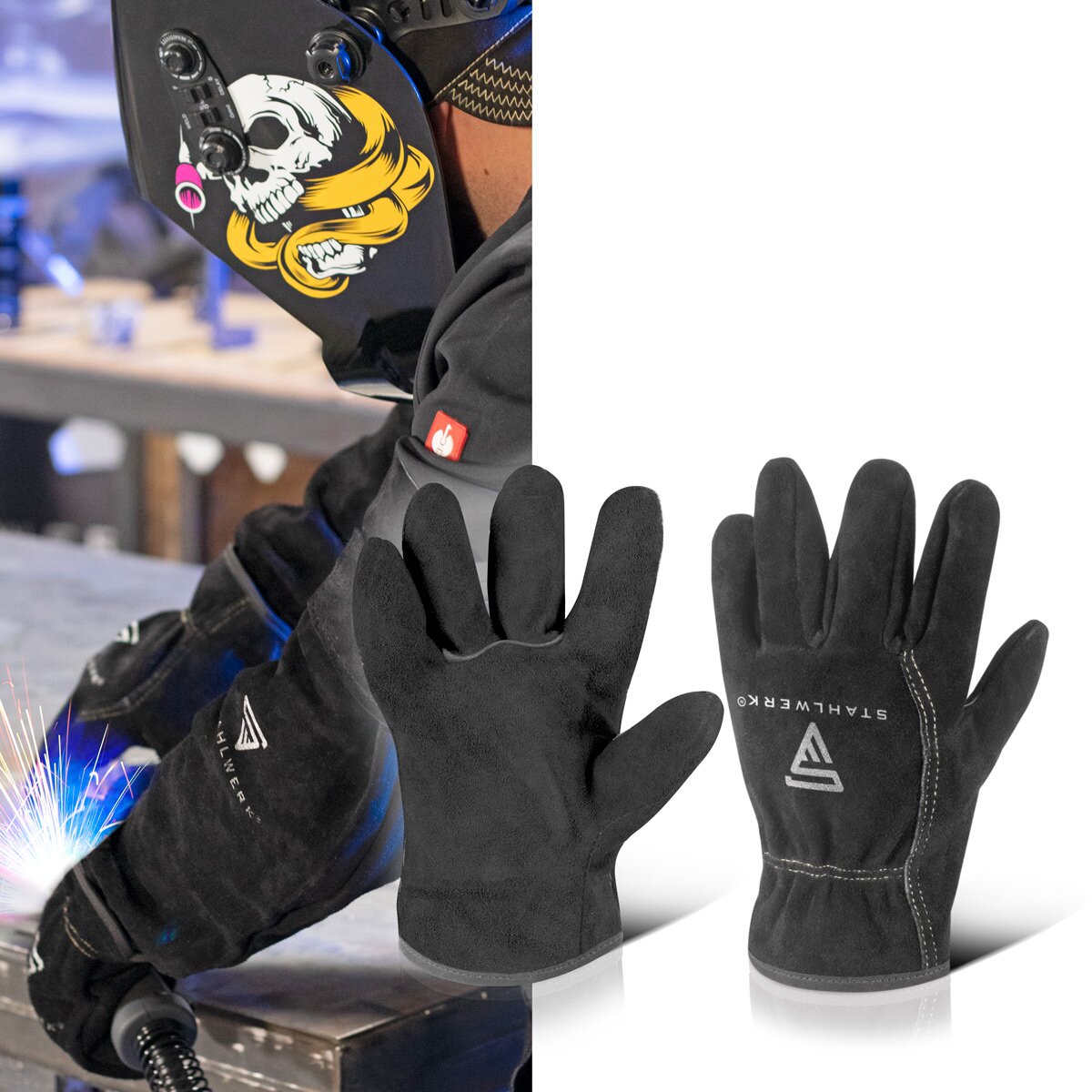 STAHLWERK Schweißerhandschuhe | Hitzeschutzhandschuhe | Arbeitshandschuhe | Hitzebeständige Handschuhe aus hochwertigem Spaltleder zum Schweißen und Plasmaschneiden