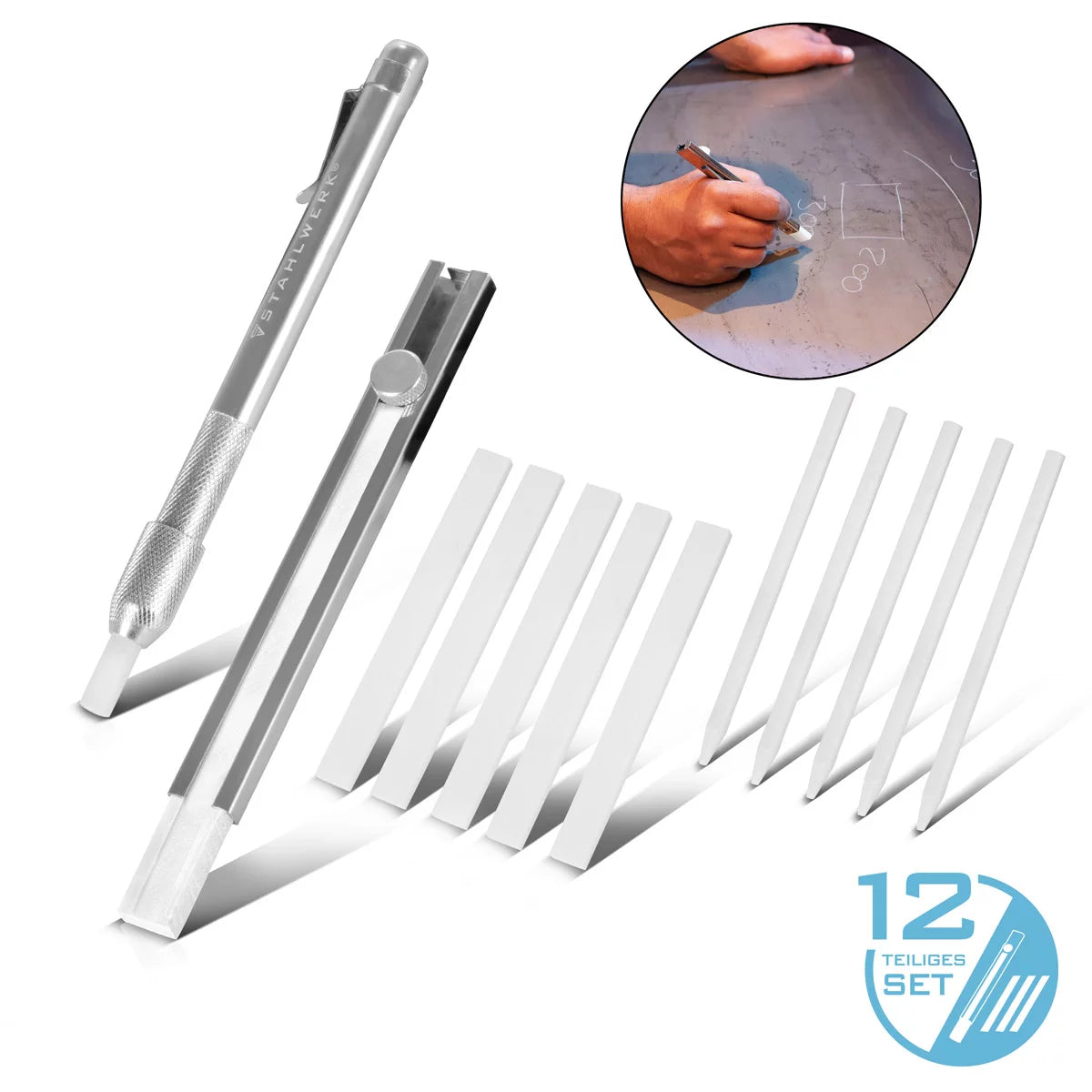 STAHLWERK welding chalk set 12 pieces, chalk holder flat and round made of aluminum, soapstone pencils for refilling with 10 pieces of soapstone chalk for marking on steel, stainless steel, aluminum