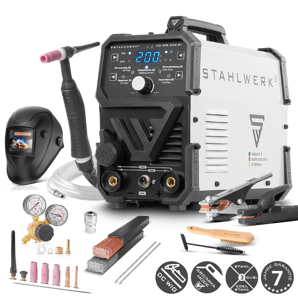 STAHLWERK DC TIG 200 ST - full equipment set - combination TIG welding machine with 200 A and MMA, welding of steel, stainless steel and much more. (no ALU welding)