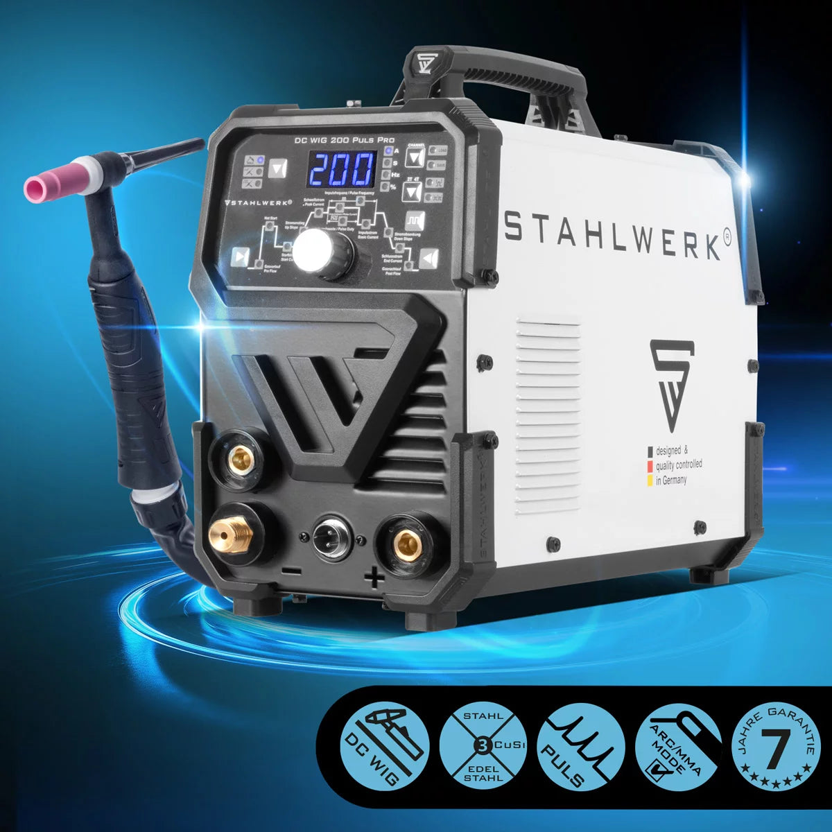 STAHLWERK DC TIG 200 Puls Pro entièrement équipé - Poste à souder TIG professionnel numérique avec fonction manuelle et impulsion électrique MMA, adapté aux tôles fines