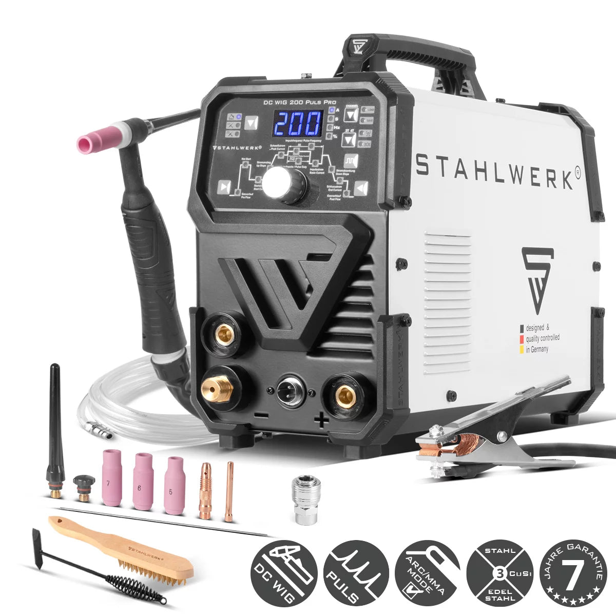 STAHLWERK 2-in-1-Kombi-Schweißgerät DC WIG 200 Puls Pro - Digitales Profi WIG Schweißgerät mit MMA E-Hand und Pulsfunktion, für Dünnblech geeignet