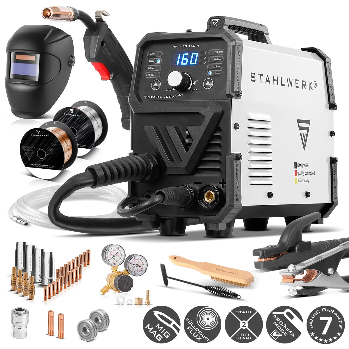 STAHLWERK MIG MAG 160 M Saldatrice completamente attrezzata Dispositivo combinato 5 in 1 completamente sinergico con 160 A reali e 2 rotoli di filo trainato/animato, MIG MAG, ARC MMA, Lift TIG