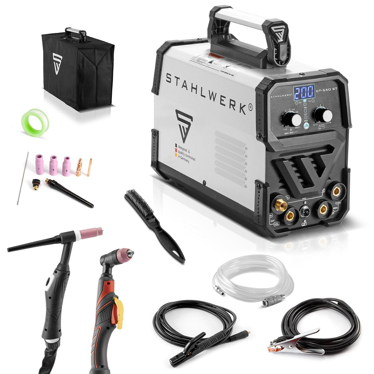 STAHLWERK 3 in 1 Kombi-Schweißgerät CT 550 ST IGBT mit Elektroden- und Plasma-Funktion / DC WIG MMA Schweißgerät mit Plasmaschneider bis 12mm, 200 Ampere WIG/MMA + 50 A  CUT
