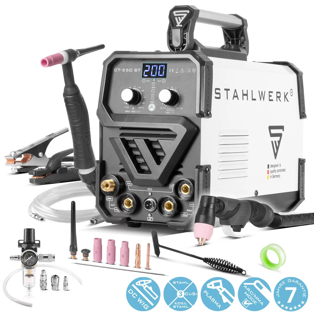 STAHLWERK 3 in 1 Kombi-Schweißgerät CT 550 ST IGBT mit Elektroden- und Plasma-Funktion / DC WIG MMA Schweißgerät mit Plasmaschneider bis 12mm, 200 Ampere WIG/MMA + 50 A  CUT