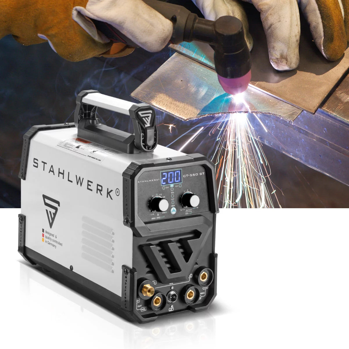 STAHLWERK 3 in 1 Kombi-Schweißgerät CT 550 ST IGBT mit Elektroden- und Plasma-Funktion / DC WIG MMA Schweißgerät mit Plasmaschneider bis 12mm, 200 Ampere WIG/MMA + 50 A  CUT