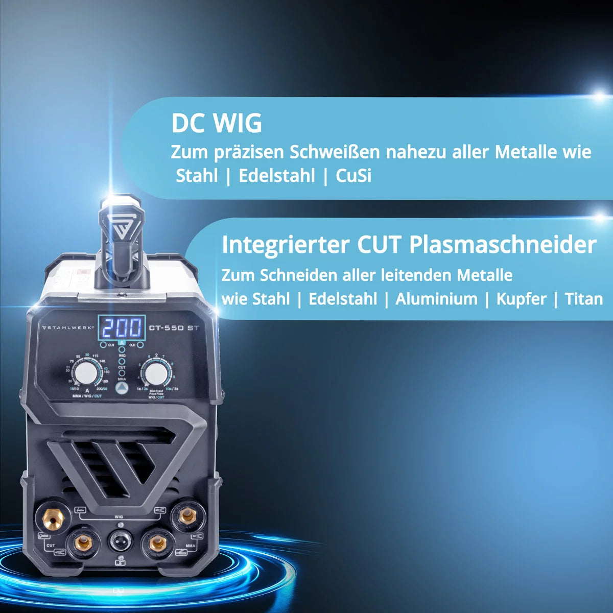 STAHLWERK 3 in 1 Kombi-Schweißgerät CT 550 ST IGBT mit Elektroden- und Plasma-Funktion / DC WIG MMA Schweißgerät mit Plasmaschneider bis 12mm, 200 Ampere WIG/MMA + 50 A  CUT