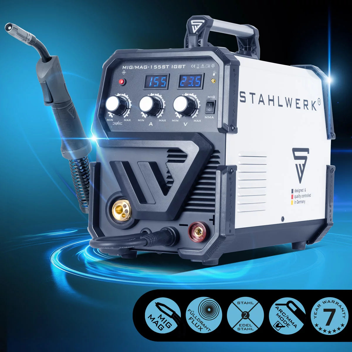 STAHLWERK Schweißgerät MIG MAG 155 ST IGBT mit synergischem Drahtvorschub und echten 155 Ampere / Schutzgasschweißgerät mit MMA / E-Hand