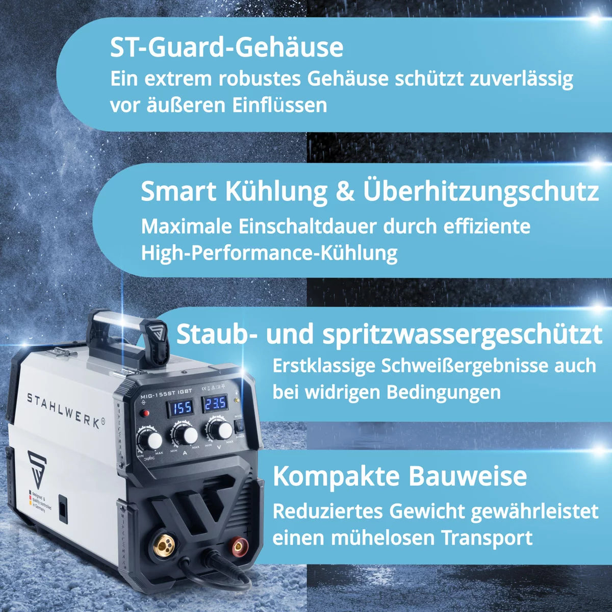 STAHLWERK Schweißgerät MIG MAG 155 ST IGBT mit synergischem Drahtvorschub und echten 155 Ampere / Schutzgasschweißgerät mit MMA / E-Hand