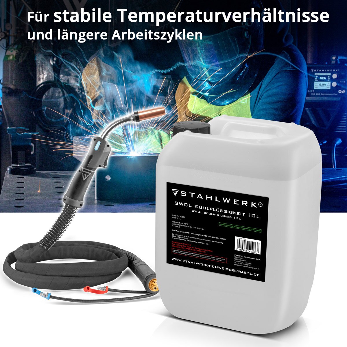 STAHLWERK SWCL Kühlflüssigkeit 10 l Kanister 25 µS/cm bis -15°C Kühlmittel | Wasserkühlung | Kühlwasser für Wasserkühler und wassergekühlte Schlauchpakete von Schweißgeräten und Plasmaschneidern