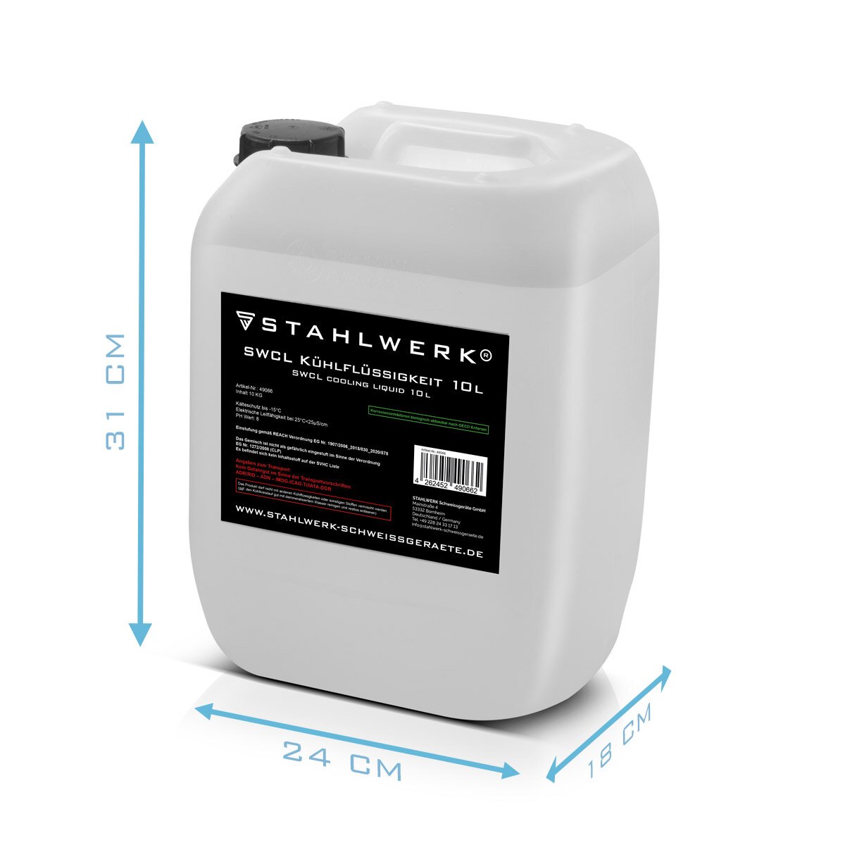 STAHLWERK SWCL Kühlflüssigkeit 10 l Kanister 25 µS/cm bis -15°C Kühlmittel | Wasserkühlung | Kühlwasser für Wasserkühler und wassergekühlte Schlauchpakete von Schweißgeräten und Plasmaschneidern