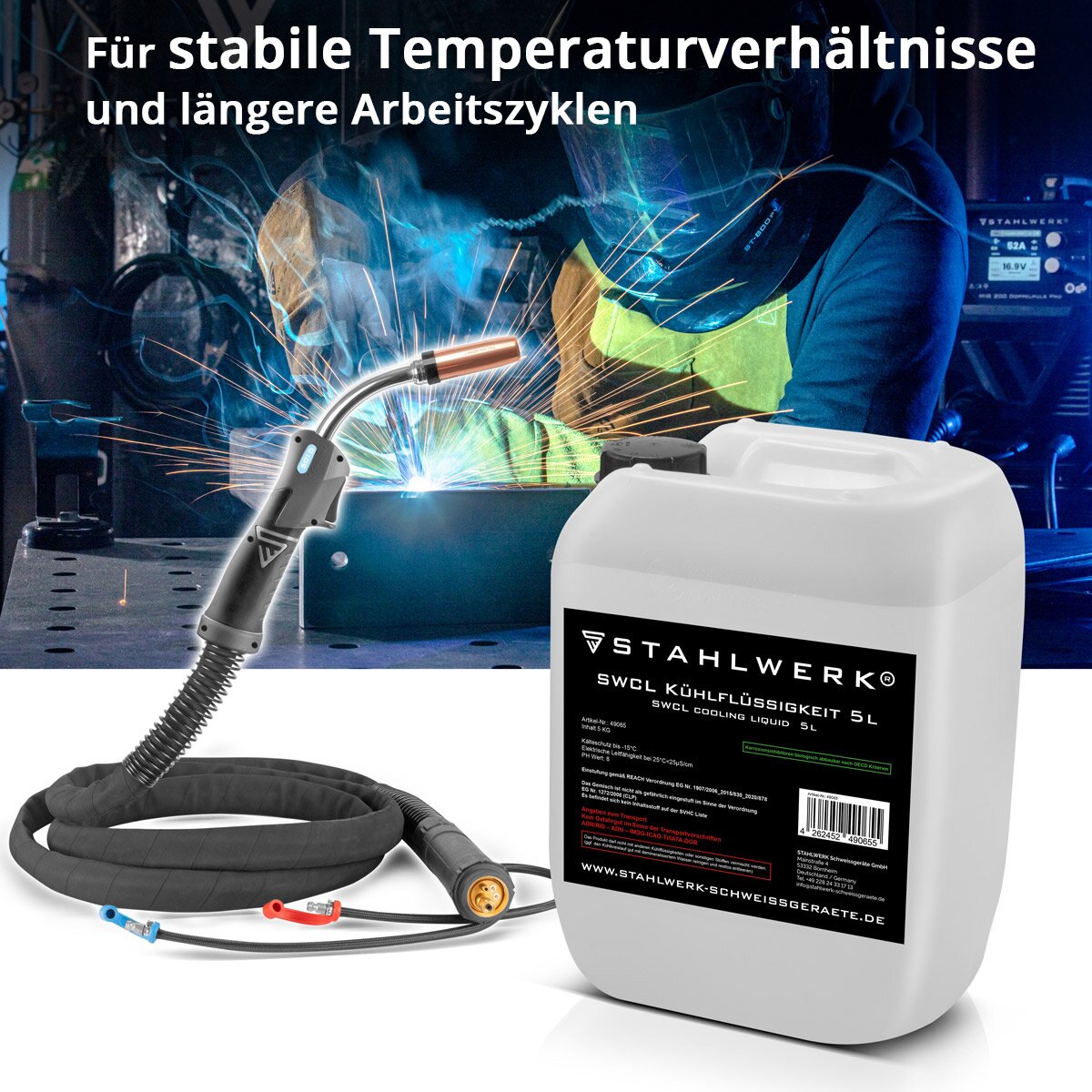 Refrigerante STAHLWERK SWCL Bidón de 5 l 25 µS/cm hasta -15°C Refrigerante | Refrigeración por agua | Agua de refrigeración para enfriadores de agua y paquetes de mangueras refrigeradas por agua de máquinas de soldar y cortadoras de plasma