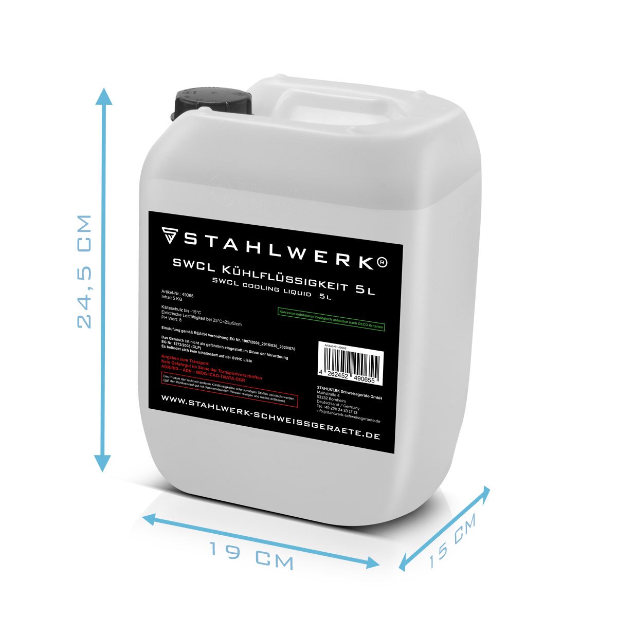 Refrigerante STAHLWERK SWCL Bidón de 5 l 25 µS/cm hasta -15°C Refrigerante | Refrigeración por agua | Agua de refrigeración para enfriadores de agua y paquetes de mangueras refrigeradas por agua de máquinas de soldar y cortadoras de plasma