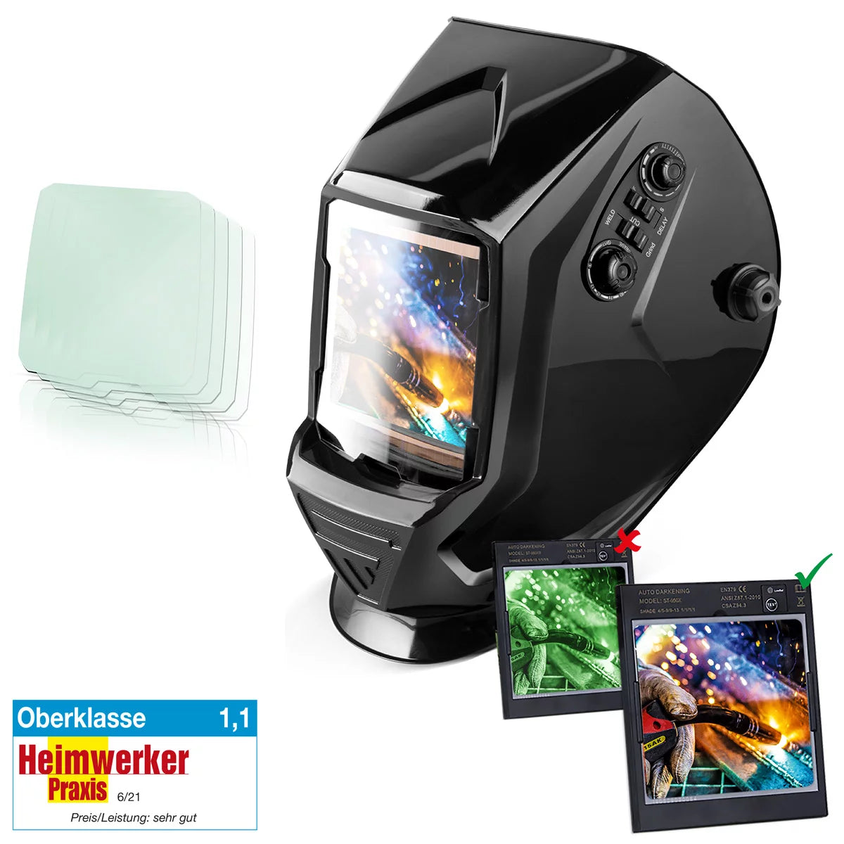 Casco per saldatura Real Color completamente automatico STAHLWERK con funzione 3 in 1 ST-990 XB, nero lucido
