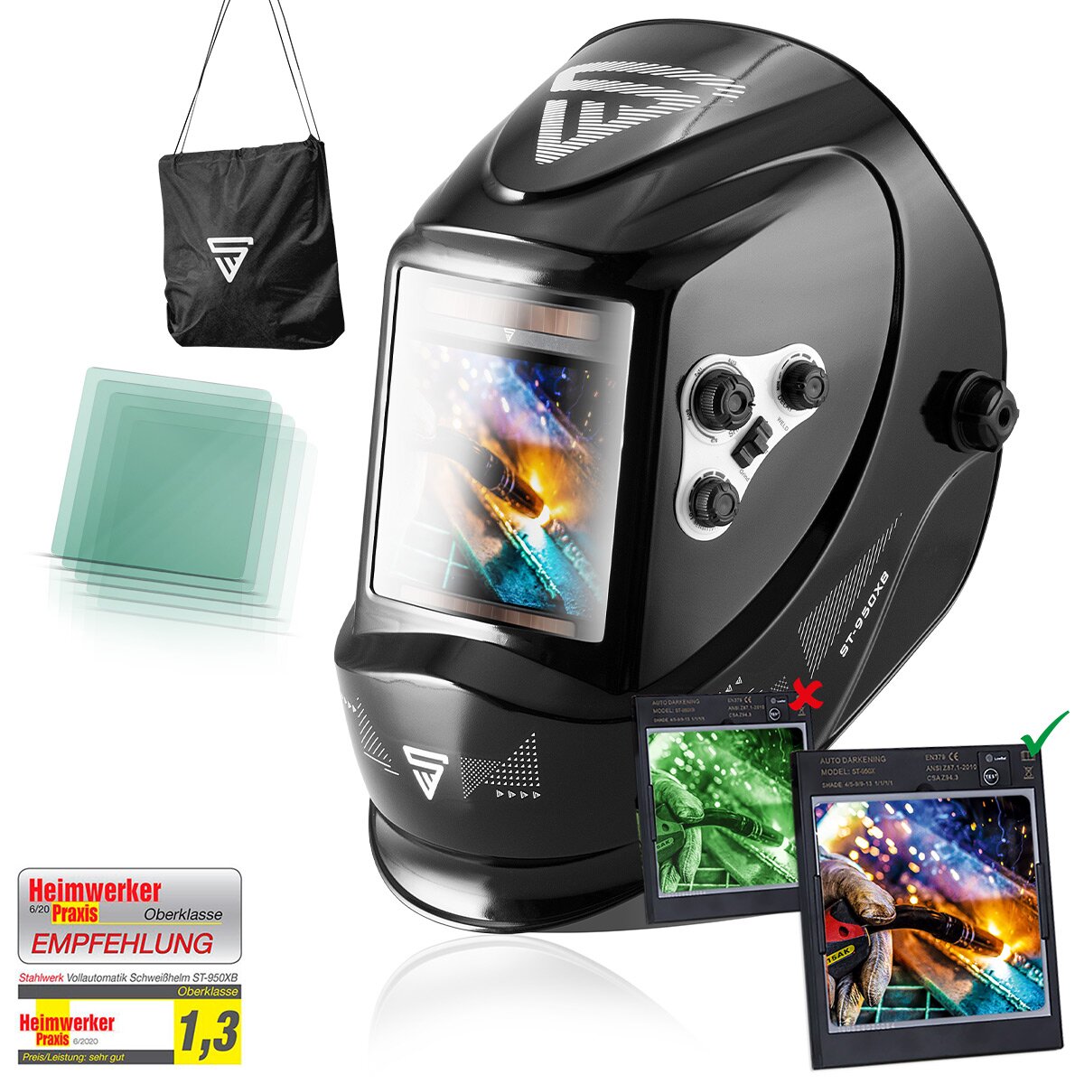 STAHLWERK ST-950 XB Masque de soudage entièrement automatique couleur réelle avec fonction 3 en 1, noir brillant, comprenant 5 lentilles de rechange et un sac